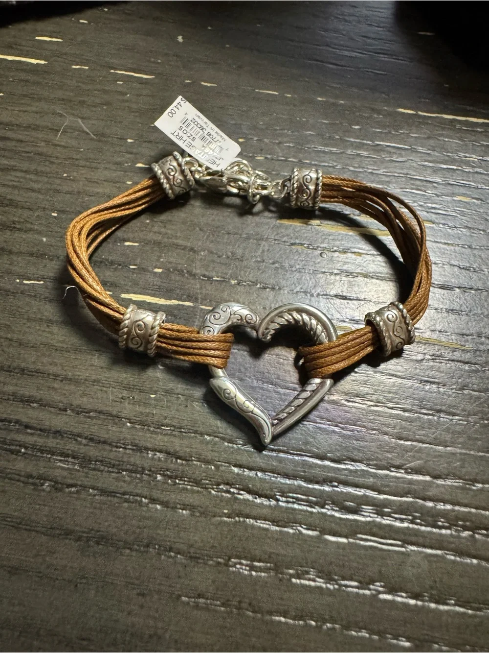 Brighton Silver Heart Accent Brown Cord Bracelet